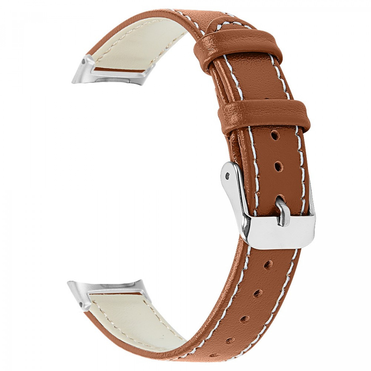 Braunes Uhrenarmband mit weißen Nähten. Silberne Schnalle und Beschläge. Weißes Futter innen.