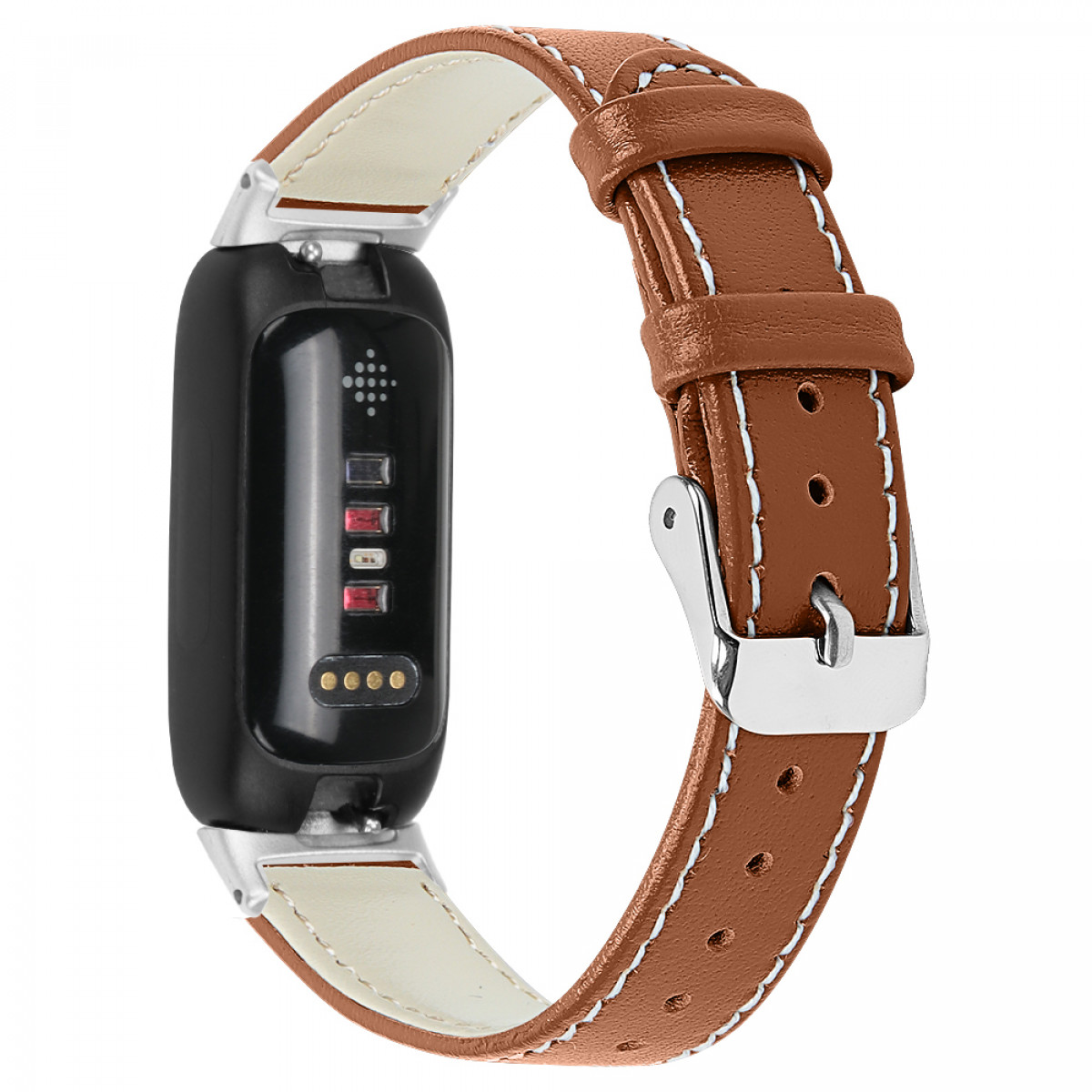 Ein braunes Leder-Armband mit einem schwarzen Fitness-Tracker. Der Tracker hat rote und weiße Lichter.