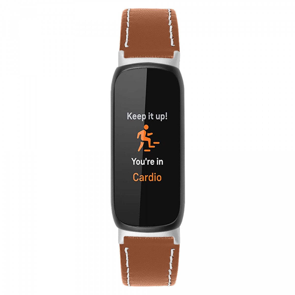 Ein schwarzer Fitnesstracker mit braunem Lederarmband, der einen Cardio-Workout-Bildschirm anzeigt.