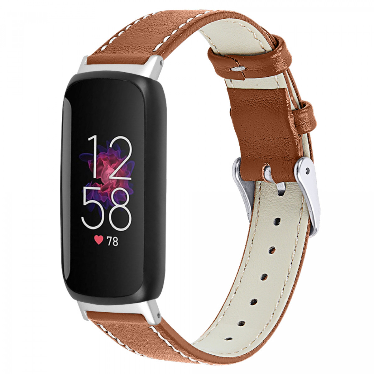 Braunes Leder-Smartwatch-Armband mit schwarzem Bildschirm, der Zeit und Herzfrequenz anzeigt, auf weißem Hintergrund.