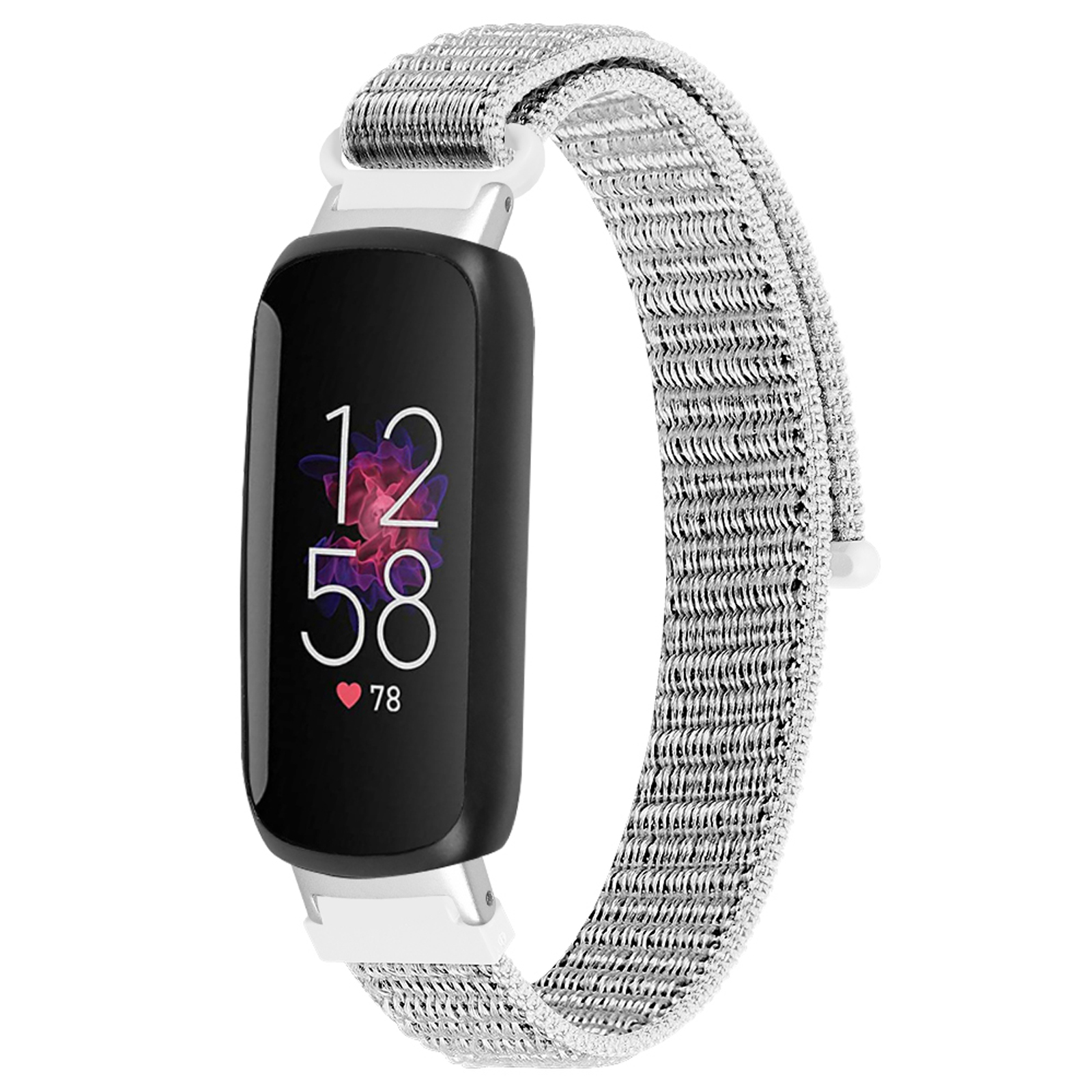 Smartwatch-Armband. Schwarzes Zifferblatt mit weißen Zahlen. Silbernes, netzartiges Armband.