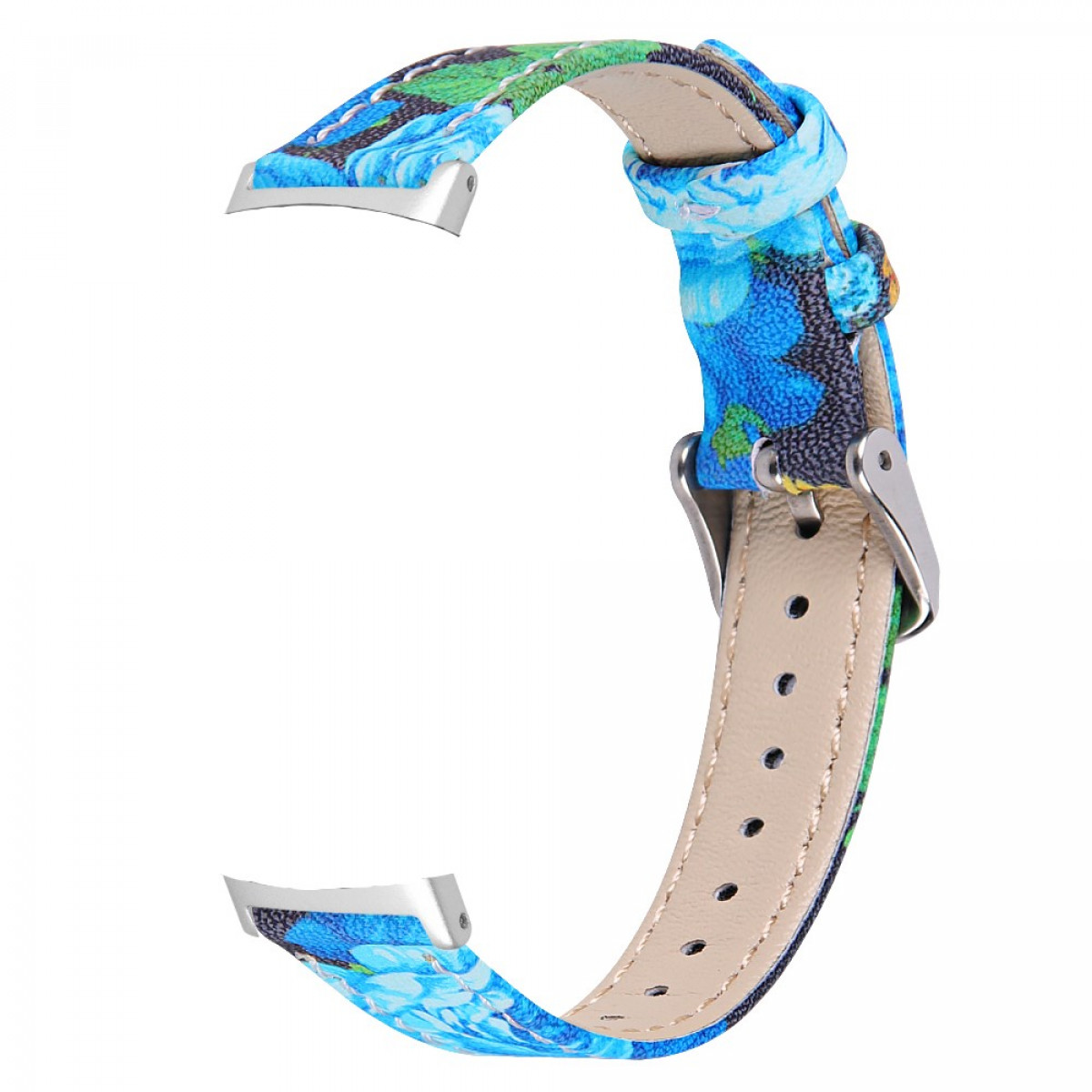Ein floral gemustertes Uhrenarmband mit blau-grünen Farbtönen vor weißem Hintergrund.