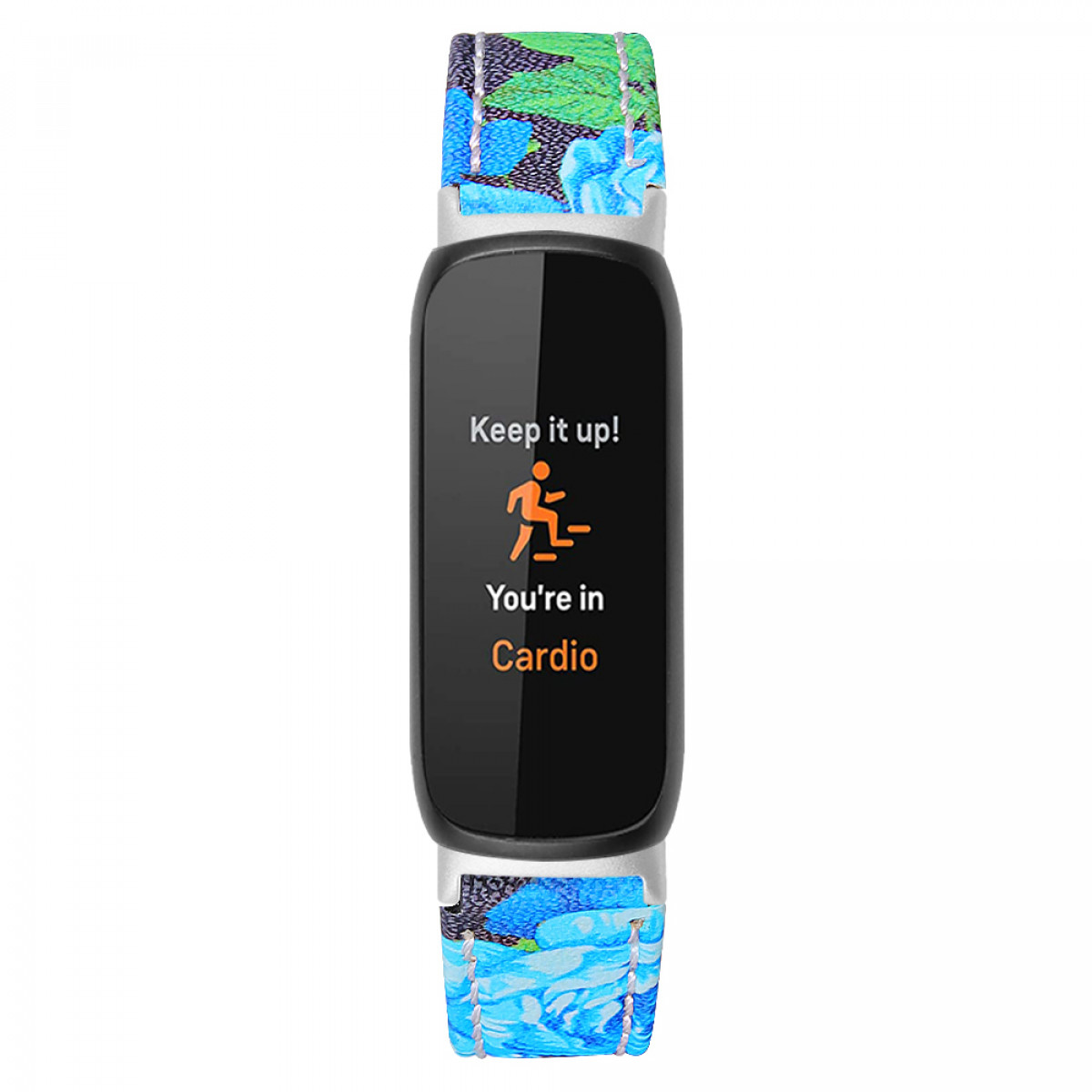 Fitness-Tracker mit floralem Armband. Display zeigt "Keep it up! You're in Cardio" mit orangefarbener Figur.