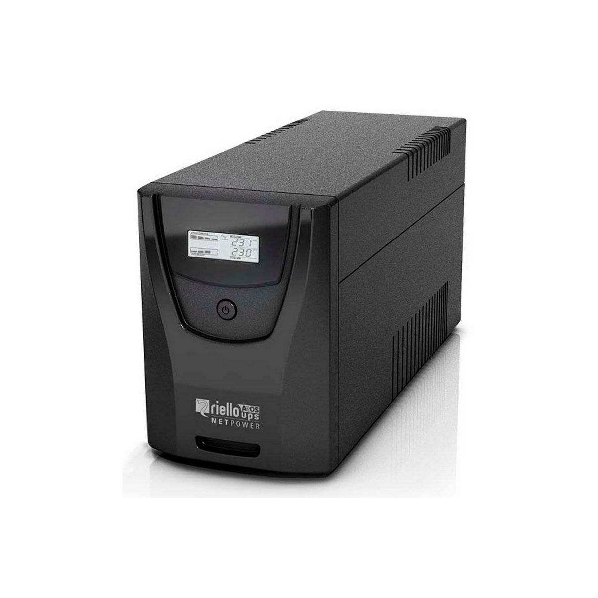 Un dispositivo SAI negro con pantalla digital y botón de encendido. La marca es visible.