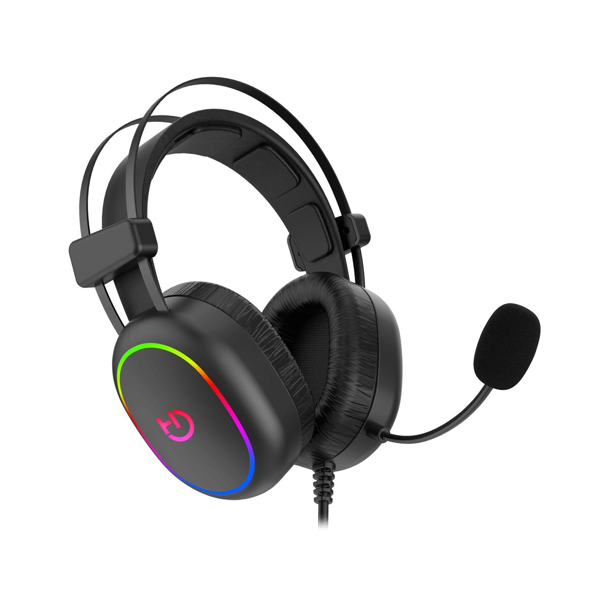 Czarny zestaw słuchawkowy dla graczy z oświetleniem RGB, mikrofonem i kablem. Białe tło.