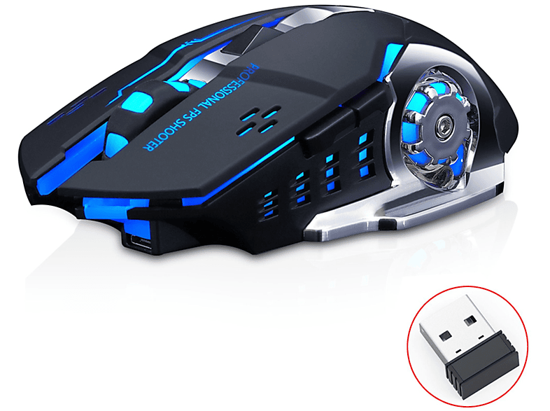 KINSI Kabellose Maus,Gaming-Maus,2.4GHz,Stumm,Wiederaufladbar Maus Maus, Tech Schwarz