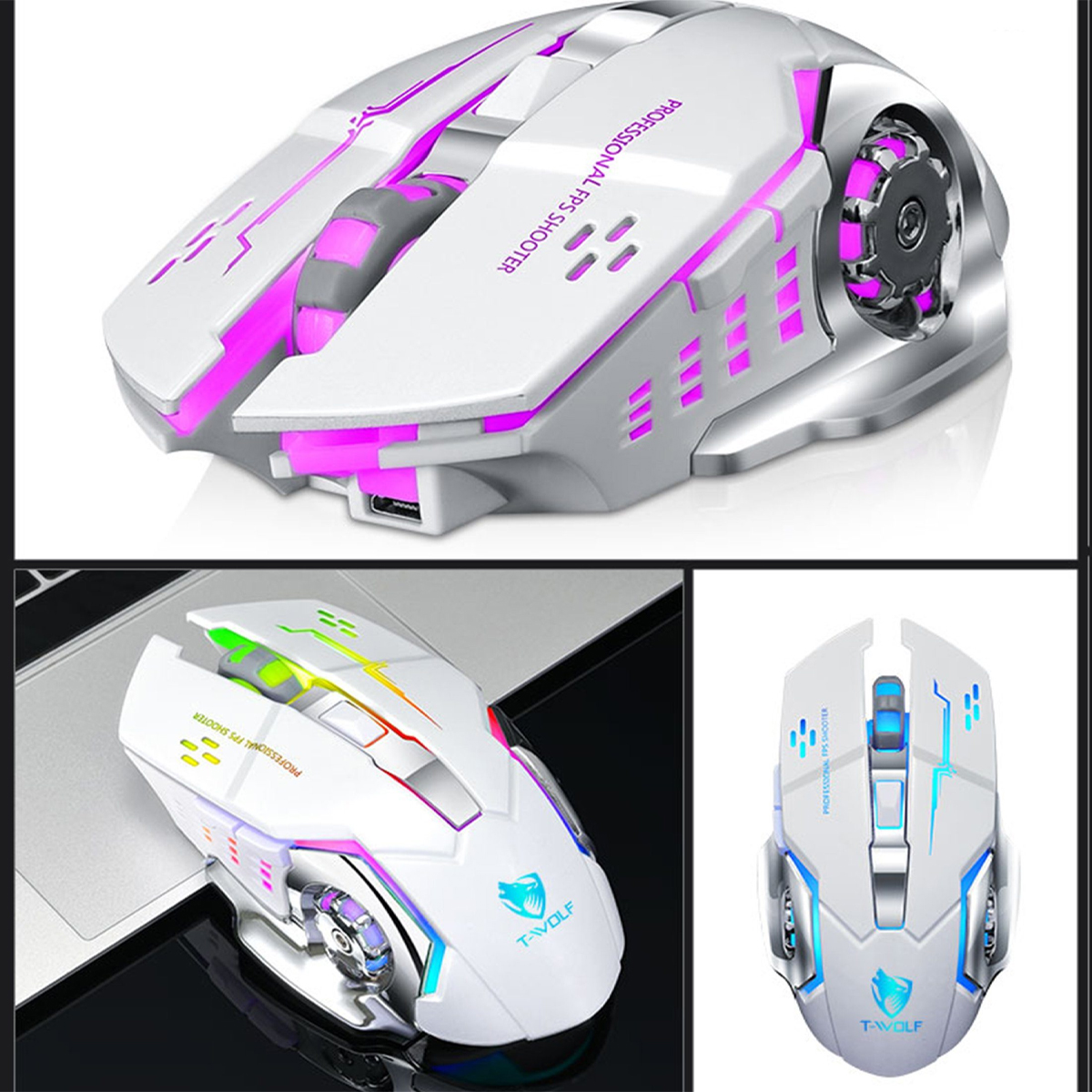 Weisse Gaming-Maus mit rosa und Regenbogenlichtern, verschiedene Winkel.