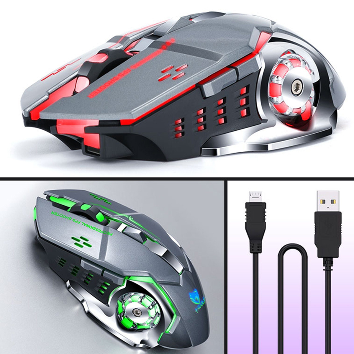 Gaming-Maus mit roten und grünen Lichtern. USB-Kabel und -Anschluss sind ebenfalls abgebildet.