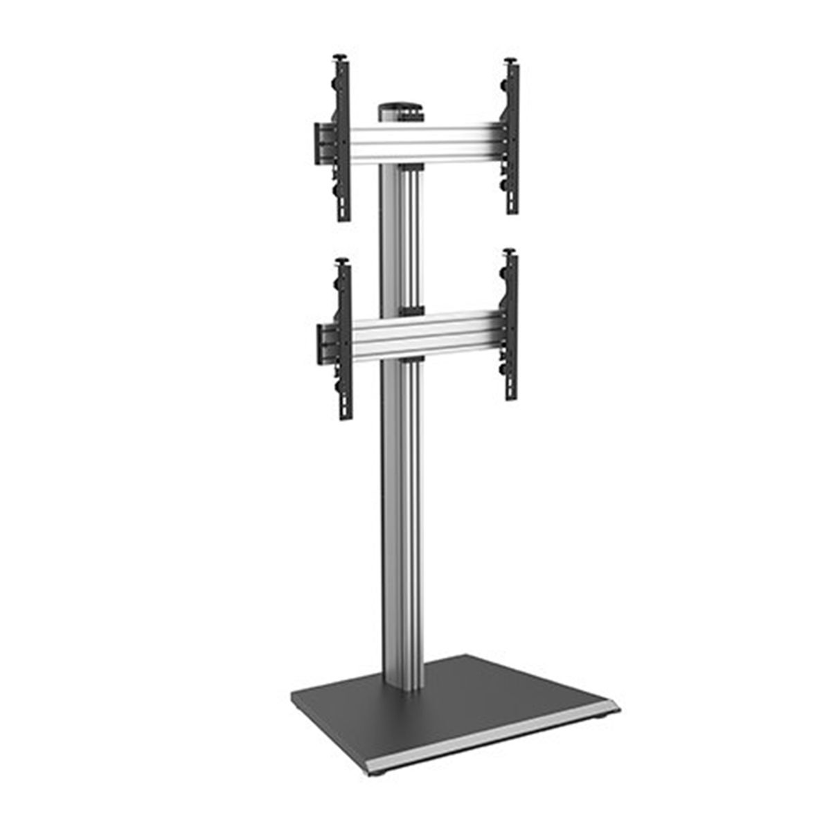 Un soporte de TV plateado con dos soportes de montaje y una base.