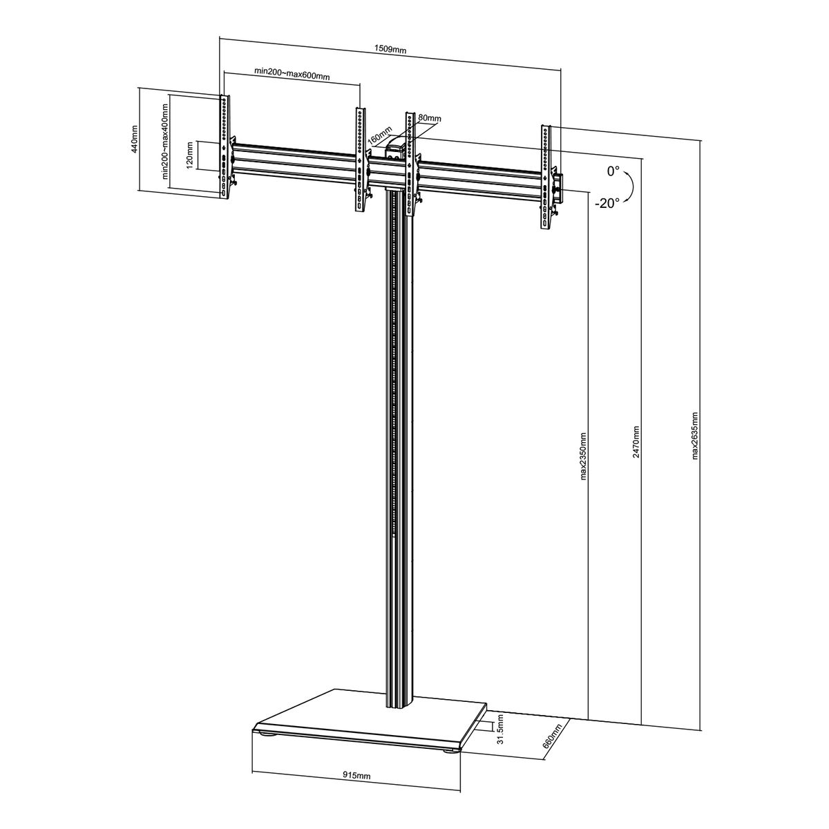 Un dibujo técnico de un soporte de TV con dimensiones y medidas.