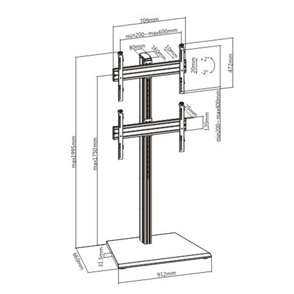 Soporte de TV con dimensiones dibujadas con líneas blancas. Soporte y base negros, con marco metálico.
