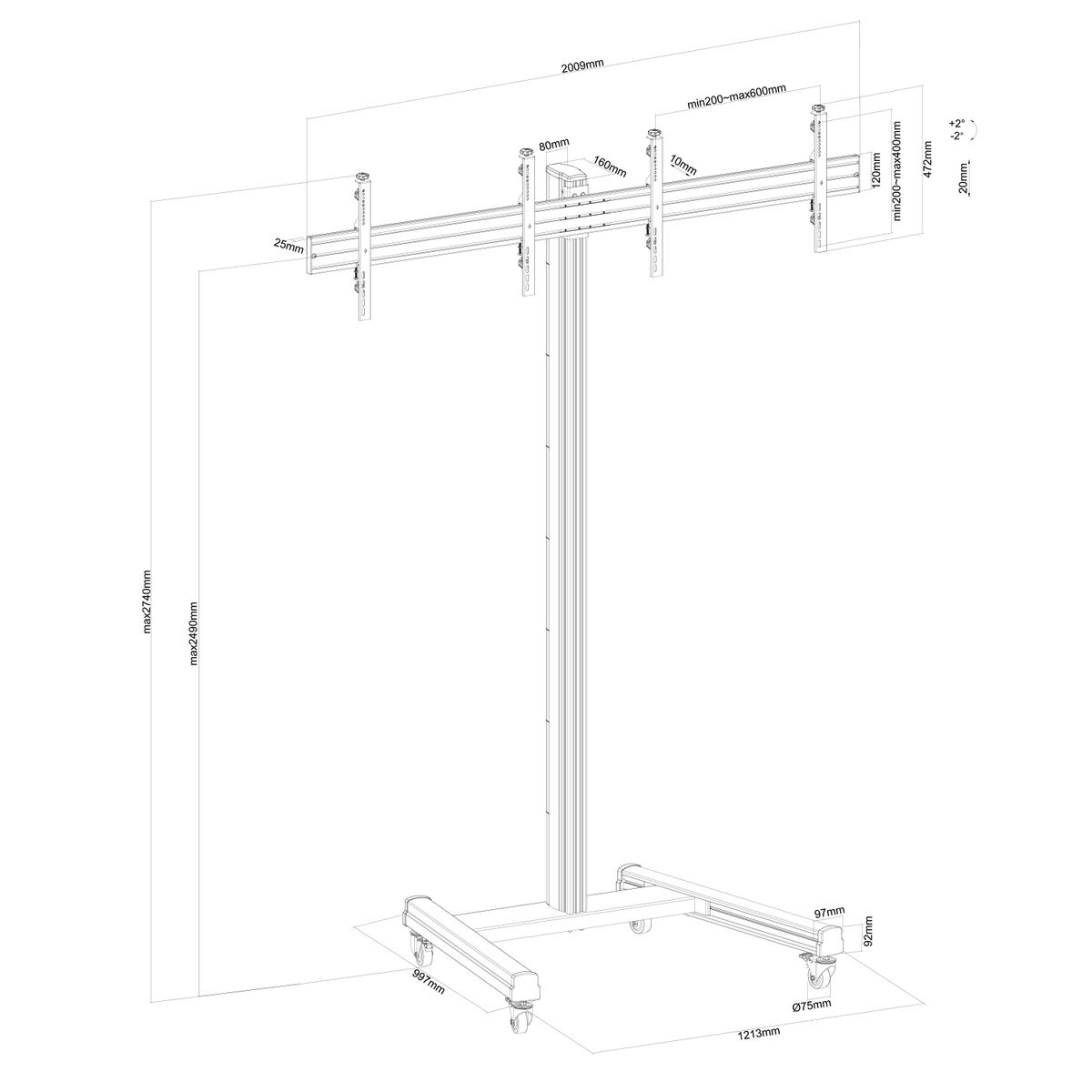 Diagrama de un soporte metálico con base plana, postes y brazos ajustables, mostrando medidas.