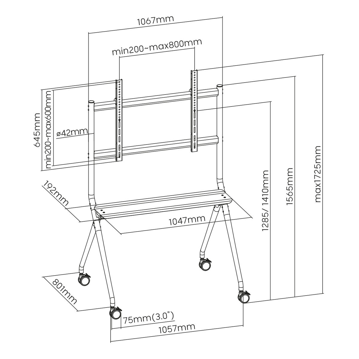 Tv-standaard met afmetingen in witte lijnen. Zwarte standaard met wielen, metalen frame.