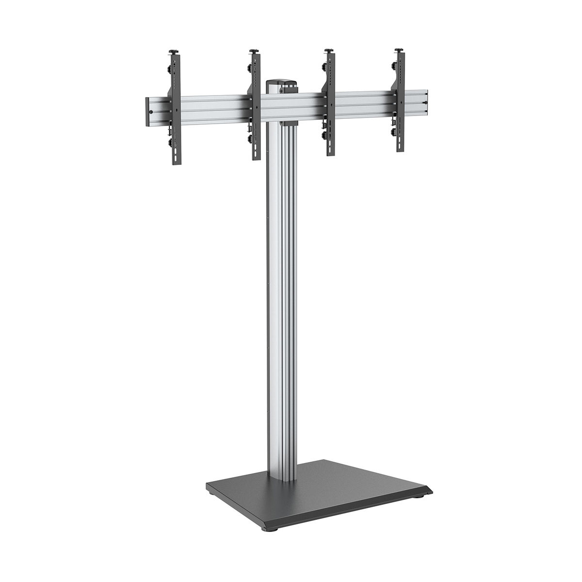 Un soporte de TV plateado con una base negra y cuatro soportes para montar monitores.