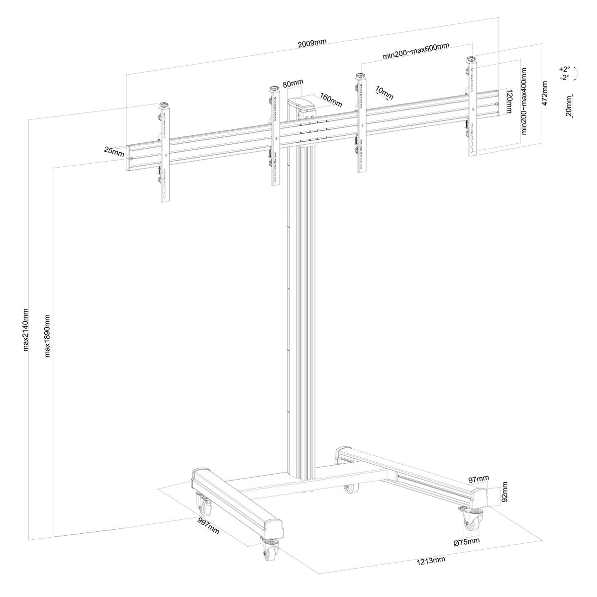 Soporte de TV con dimensiones. Negro y plateado, ruedas y múltiples puntos de montaje. Fondo blanco.