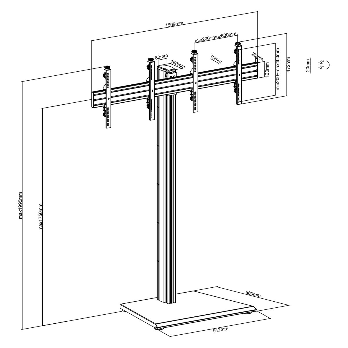 Dibujo técnico de un soporte de TV con medidas en mm.