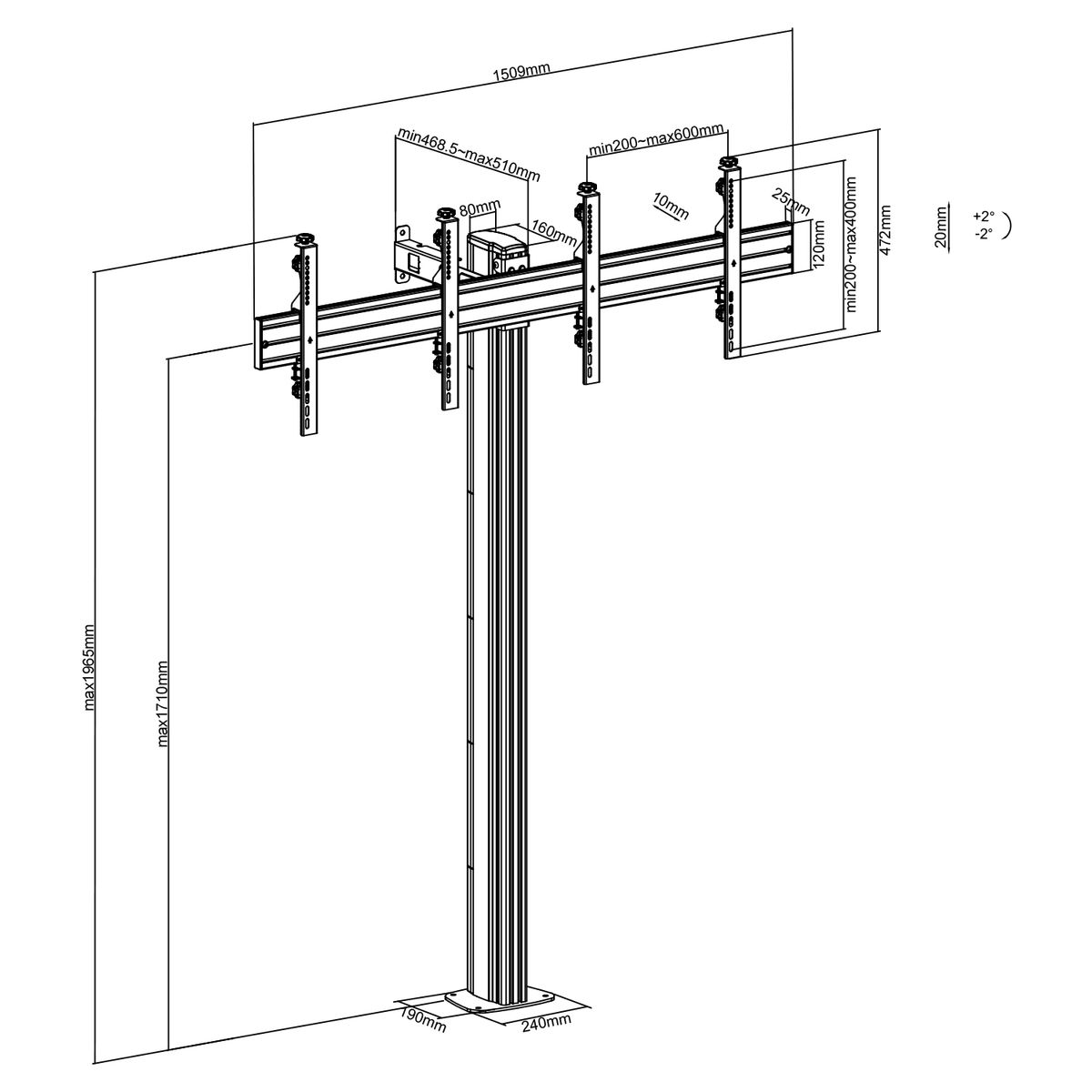Dibujo técnico de un soporte para monitor de doble pantalla. Dimensiones en mm.