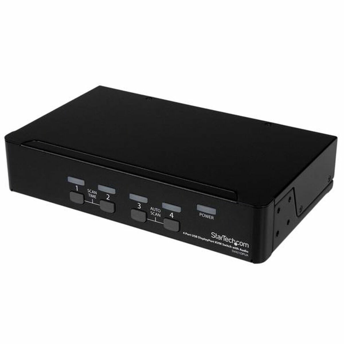 Een zwarte display poort switch met vier genummerde knoppen en een aan/uit-knop.