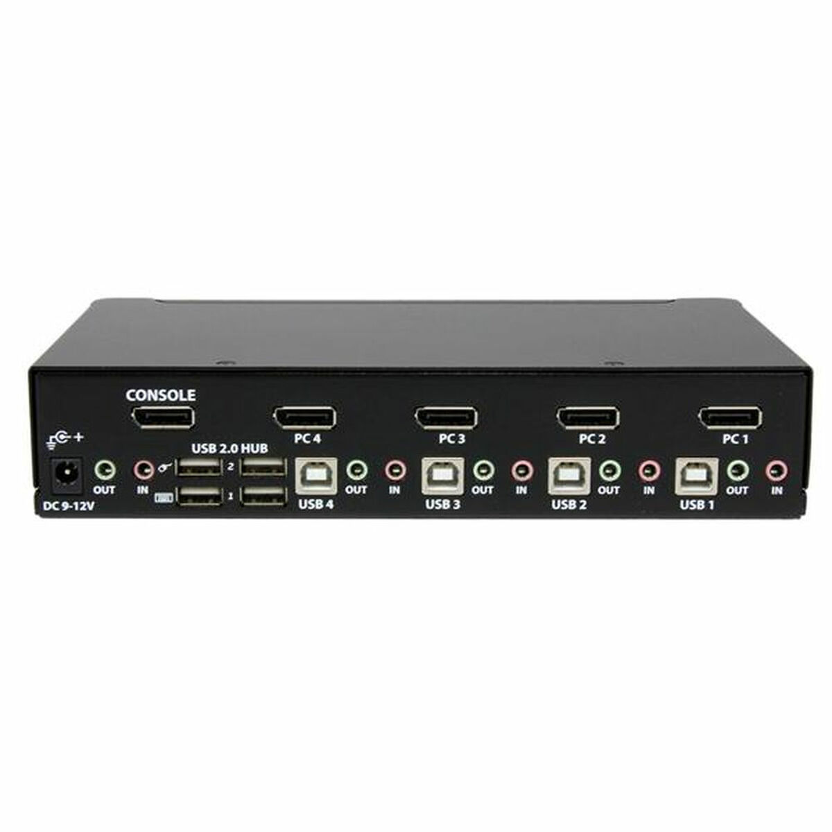 Zwarte KVM-switch met verschillende poorten en labels, witte achtergrond.