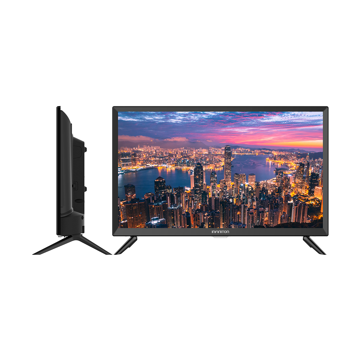Televisor negro con horizonte de la ciudad en la pantalla, también vista lateral.