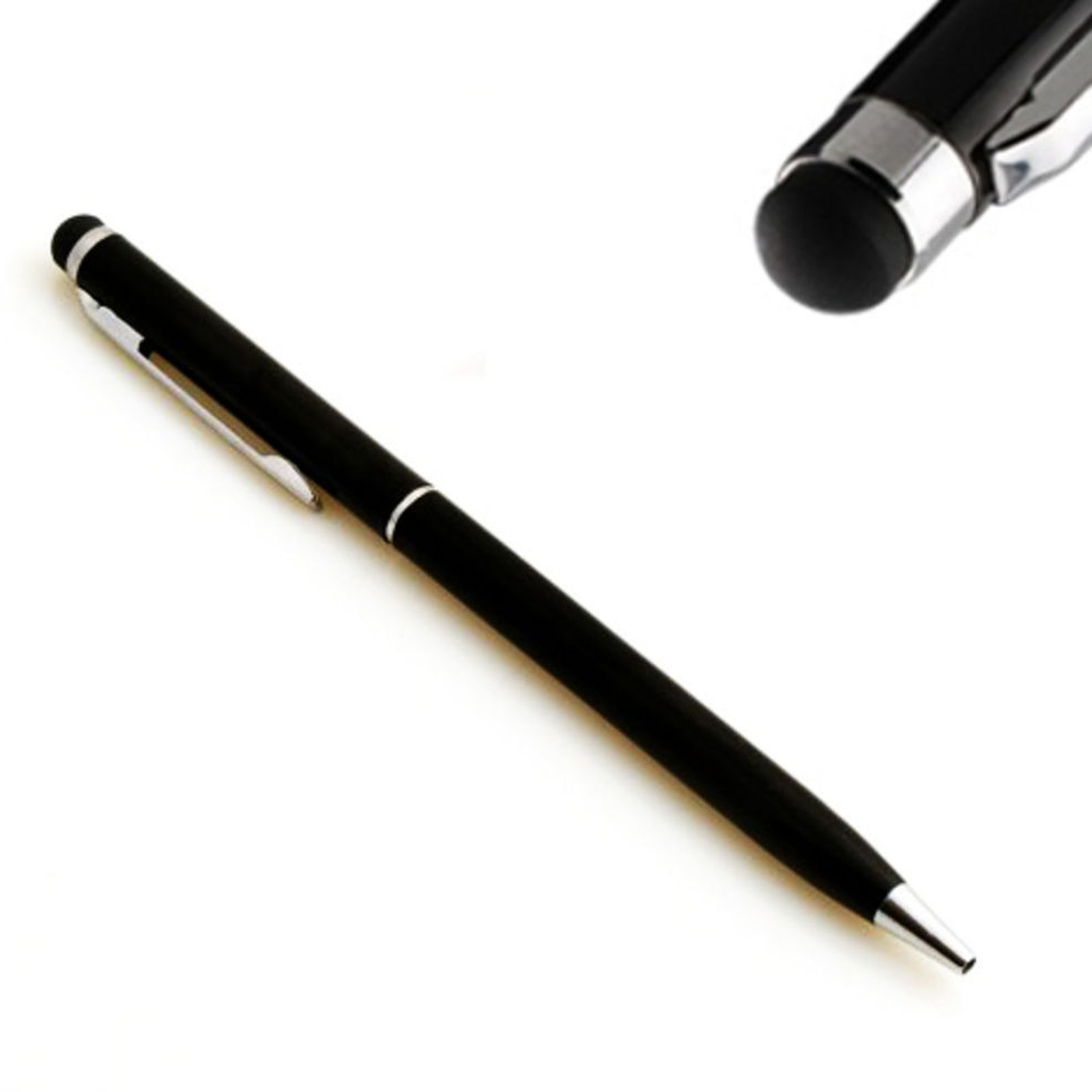 Schwarzer Stift mit silbernem Clip und Touchscreen-Stiftspitze, isoliert auf Weiß.