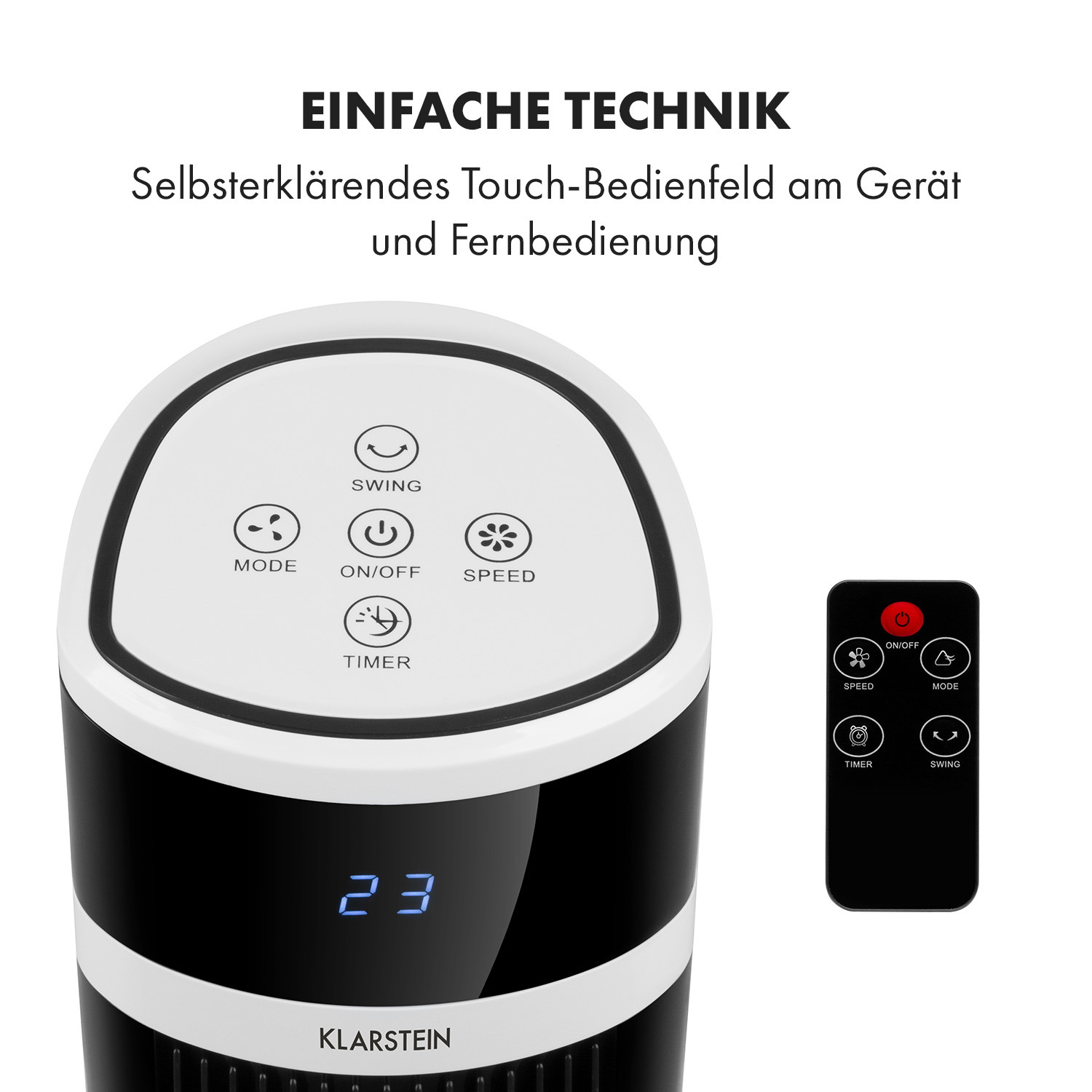 Weiß-schwarzer Ventilator mit Bedienfeld und Fernbedienung.