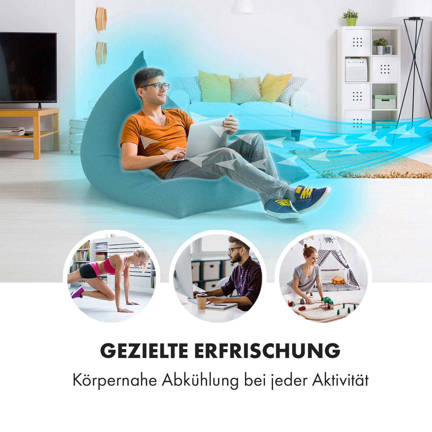 Ein Mann mit Laptop auf einem Sitzsack, darunter drei kleine Bilder von Leuten, die Sport treiben und arbeiten.