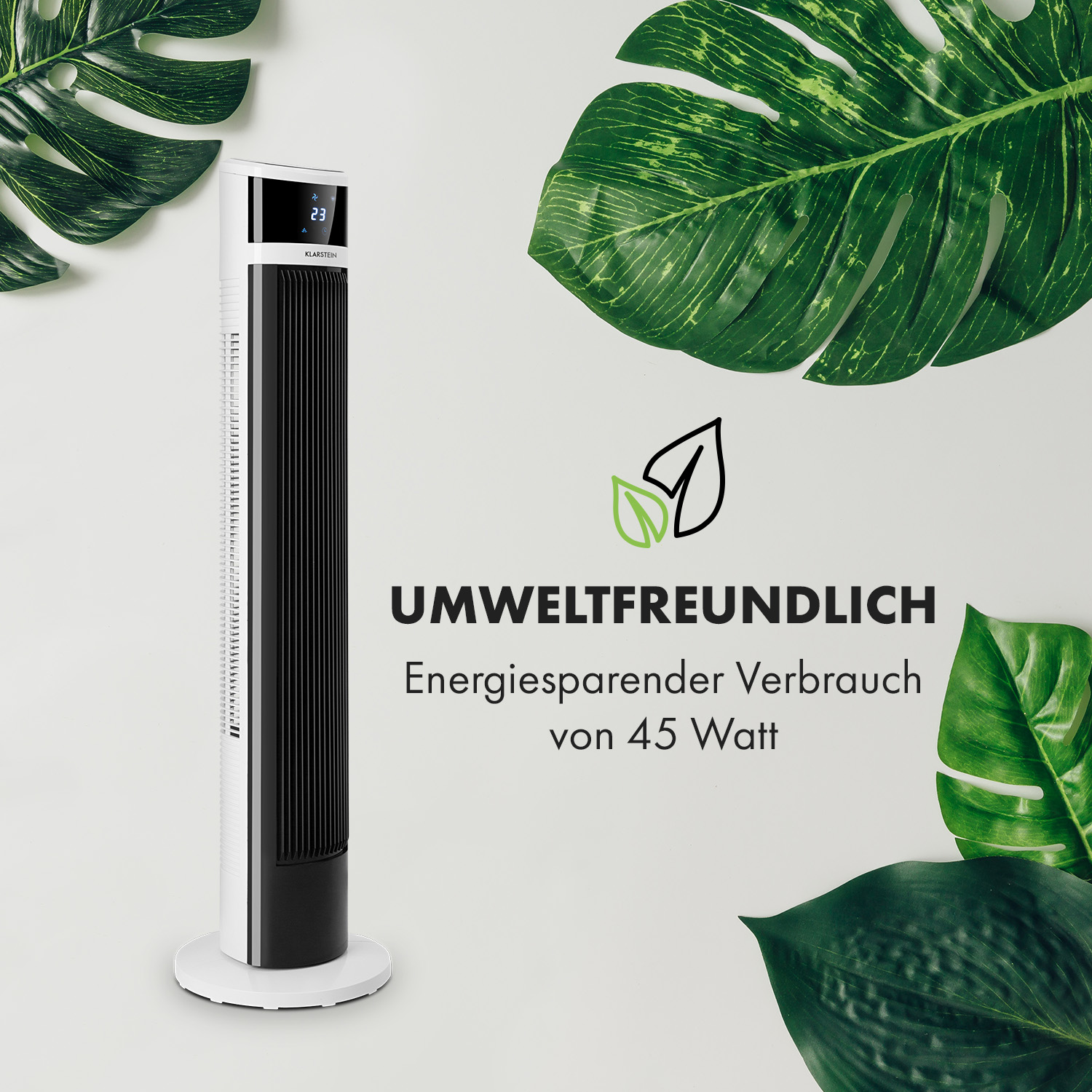 Weiß-schwarzer Turmventilator mit grünen Blättern. Text über Energieverbrauch und Umweltfreundlichkeit.