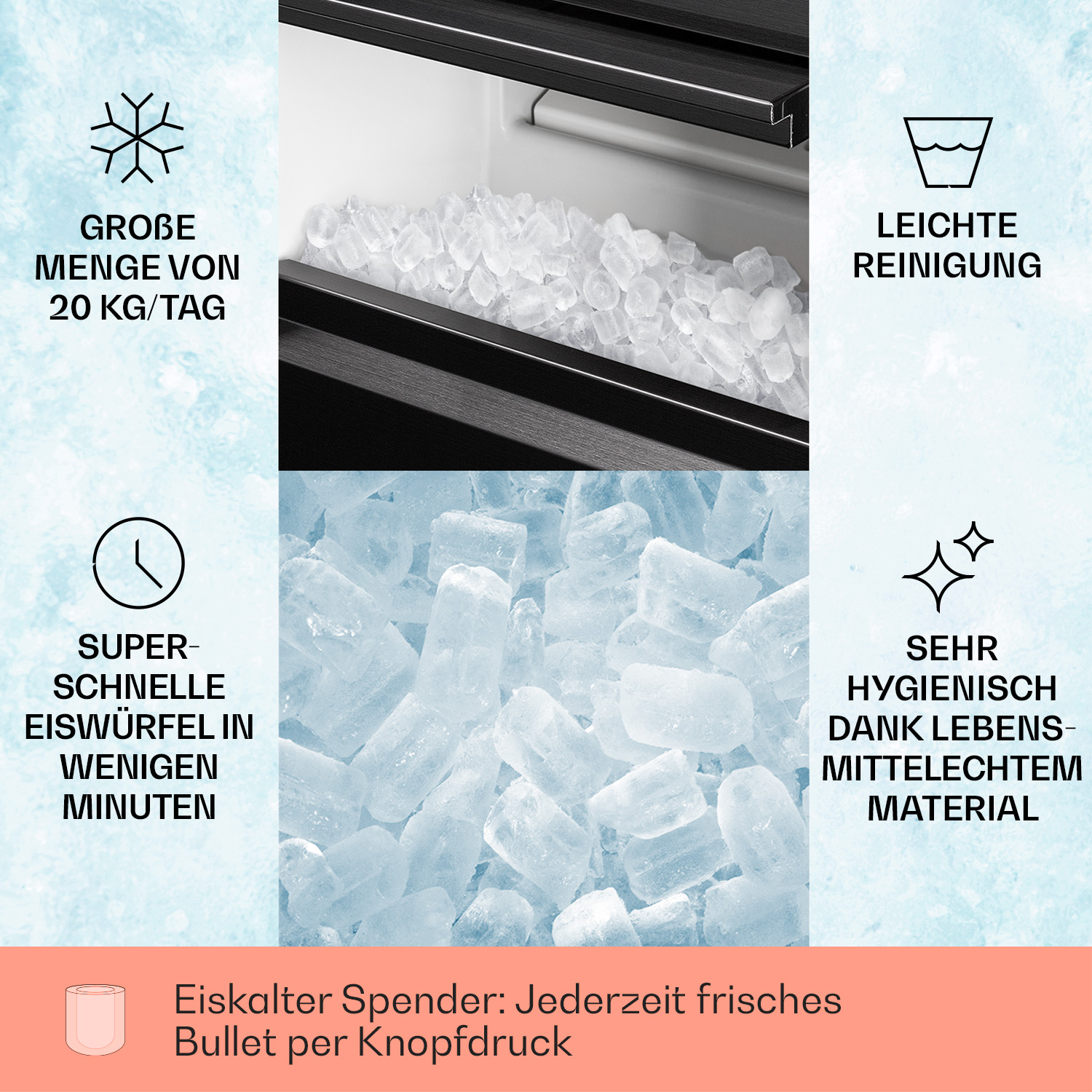 Eisbereiter mit Text über Eisproduktion, Hygiene und Kaltwasserspender.