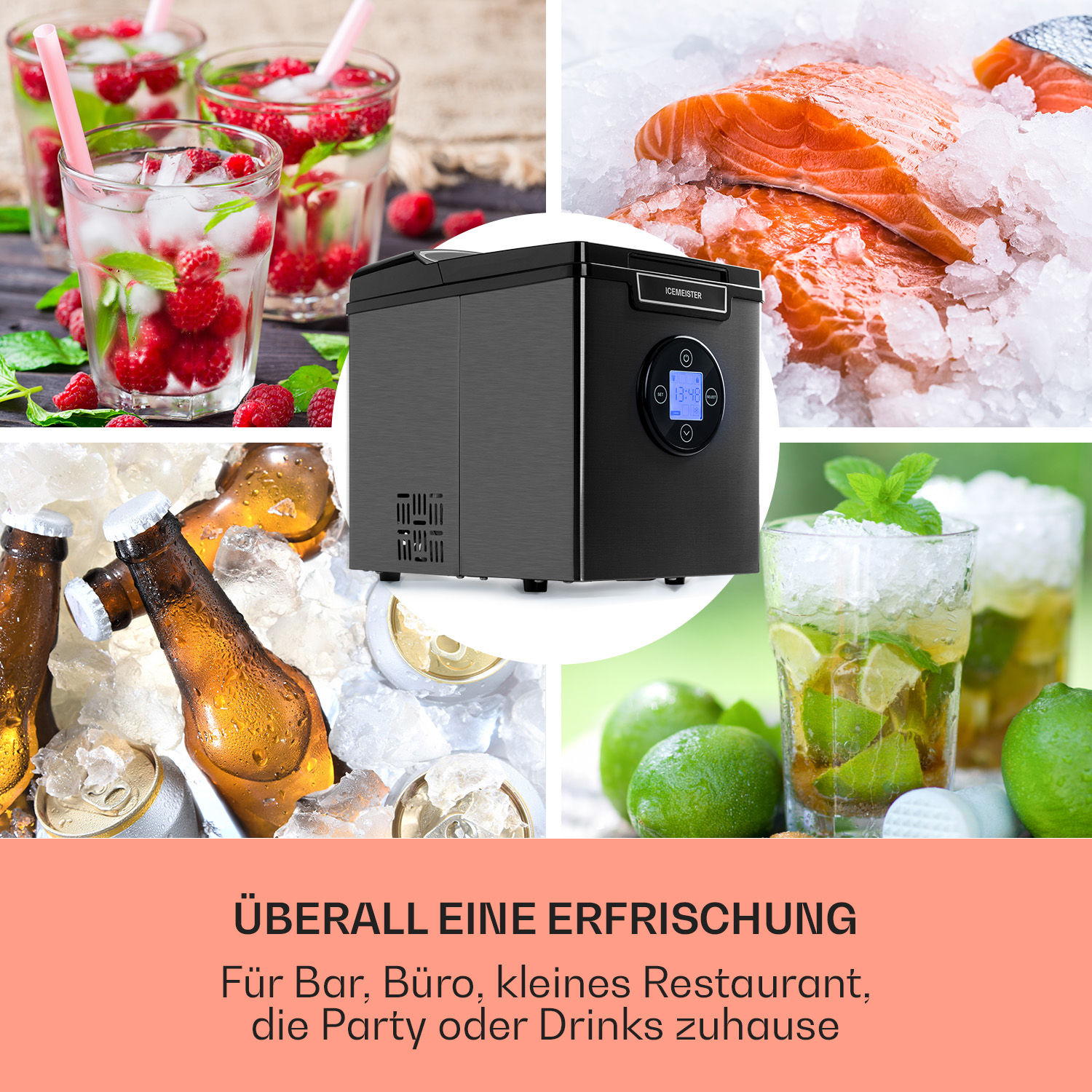 Schwarzer Eisbereiter, umgeben von Getränken und Eis. Lachs und Limetten sind ebenfalls sichtbar.