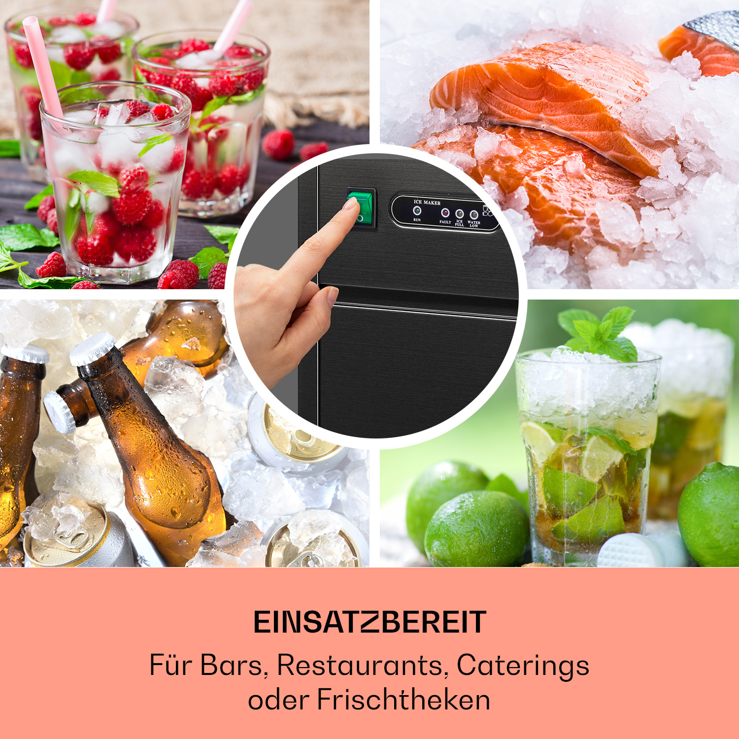 Collage von Getränken und Essen: Himbeeren, Eis, Lachs, Limetten und Text: Einsatzbereit!