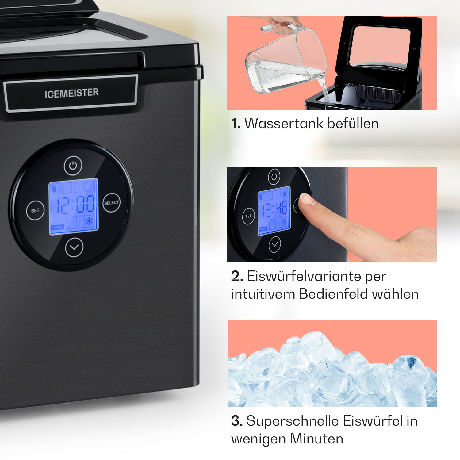 Ein Eisbereiter mit Bedienelementen und drei Bildern, die den Eisbereitungsprozess zeigen.