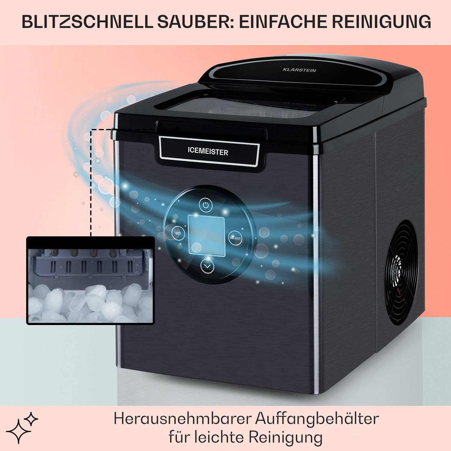 Schwarzer Eisbereiter mit Eiswürfeln im kleinen Fenster und Text.