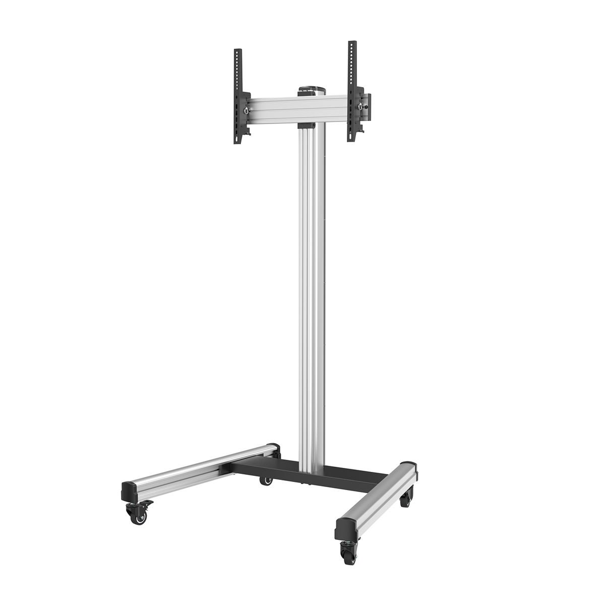 Een zilveren tv-standaard met wielen. Het heeft een steun voor de tv.