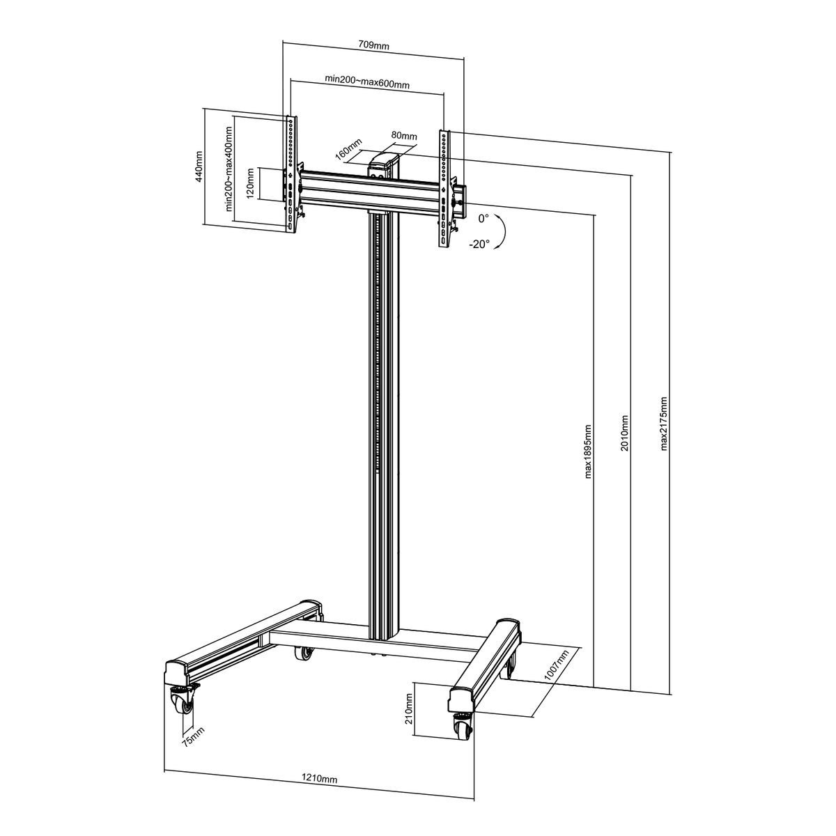 Diagram van een standaard met afmetingen. De standaard is zwart met een zilveren basis en wielen, die een scherm ondersteunt.