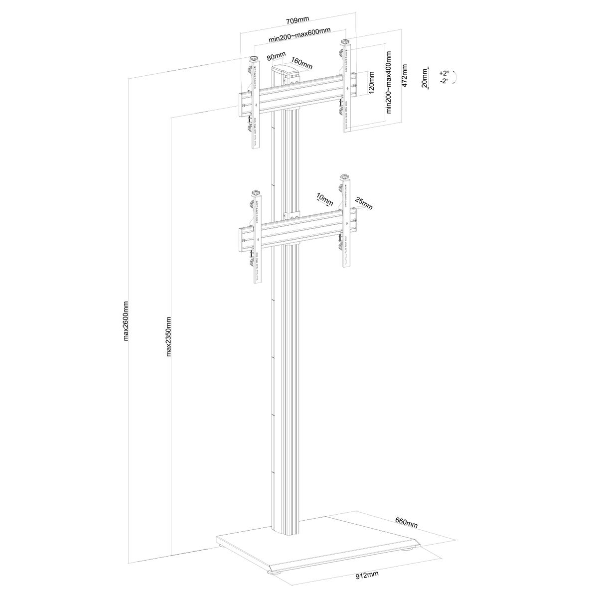 Diagrama con medidas de un soporte de monitor, mostrando dimensiones y detalles.