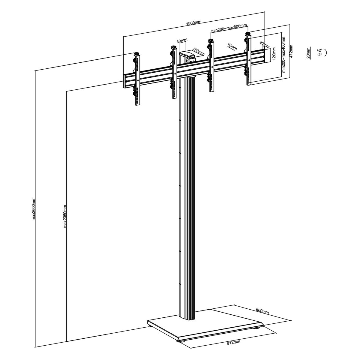 Dibujo técnico de un soporte de TV, mostrando dimensiones y detalles. Fondo blanco.
