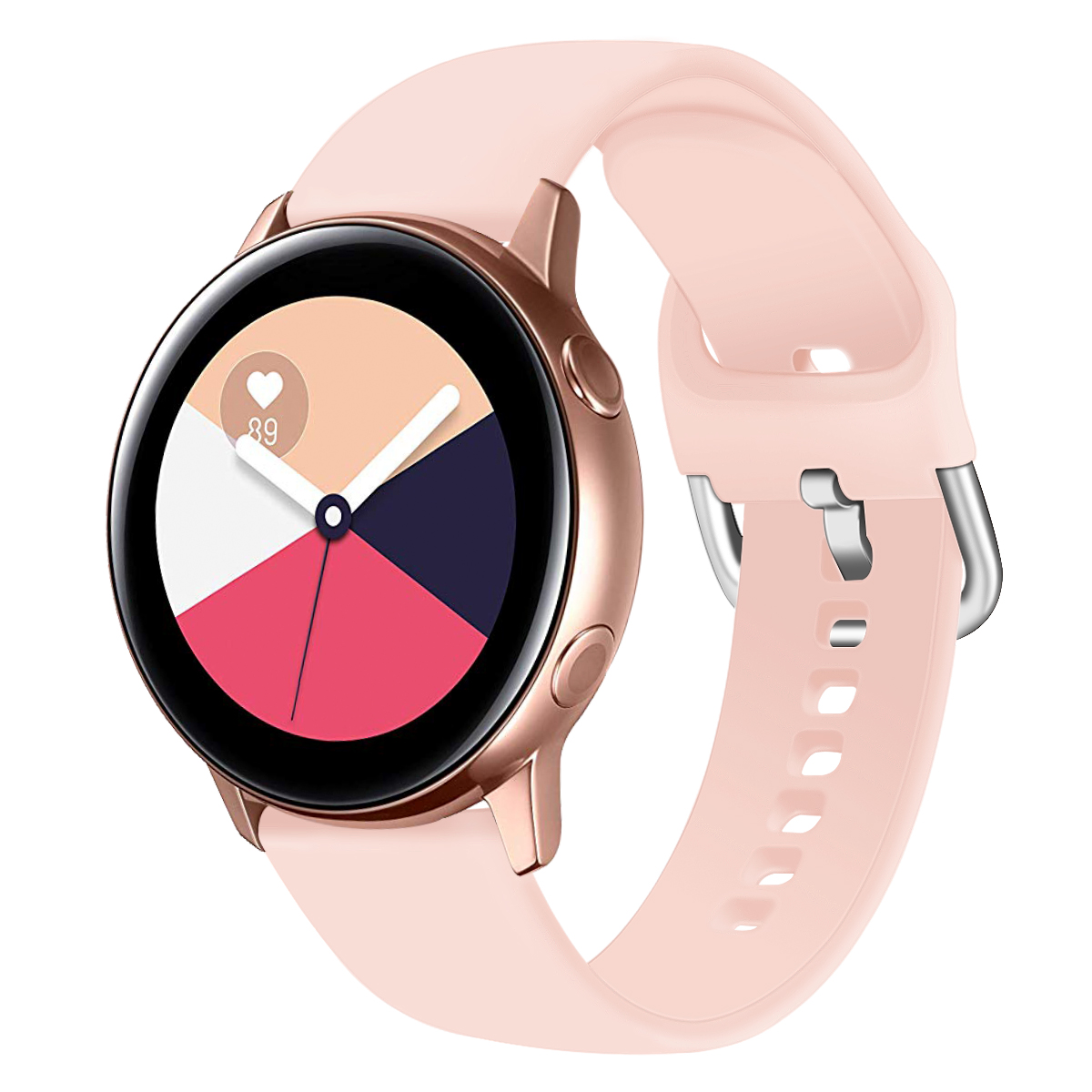 Rosafarbene Smartwatch mit hellrosa Armband. Das Display zeigt mehrfarbige Segmente und ein Herzsymbol.