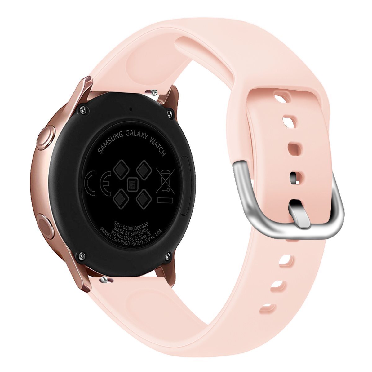Pinke Samsung Galaxy Watch mit pinkem Armband, Rückseite zeigt die Informationen.