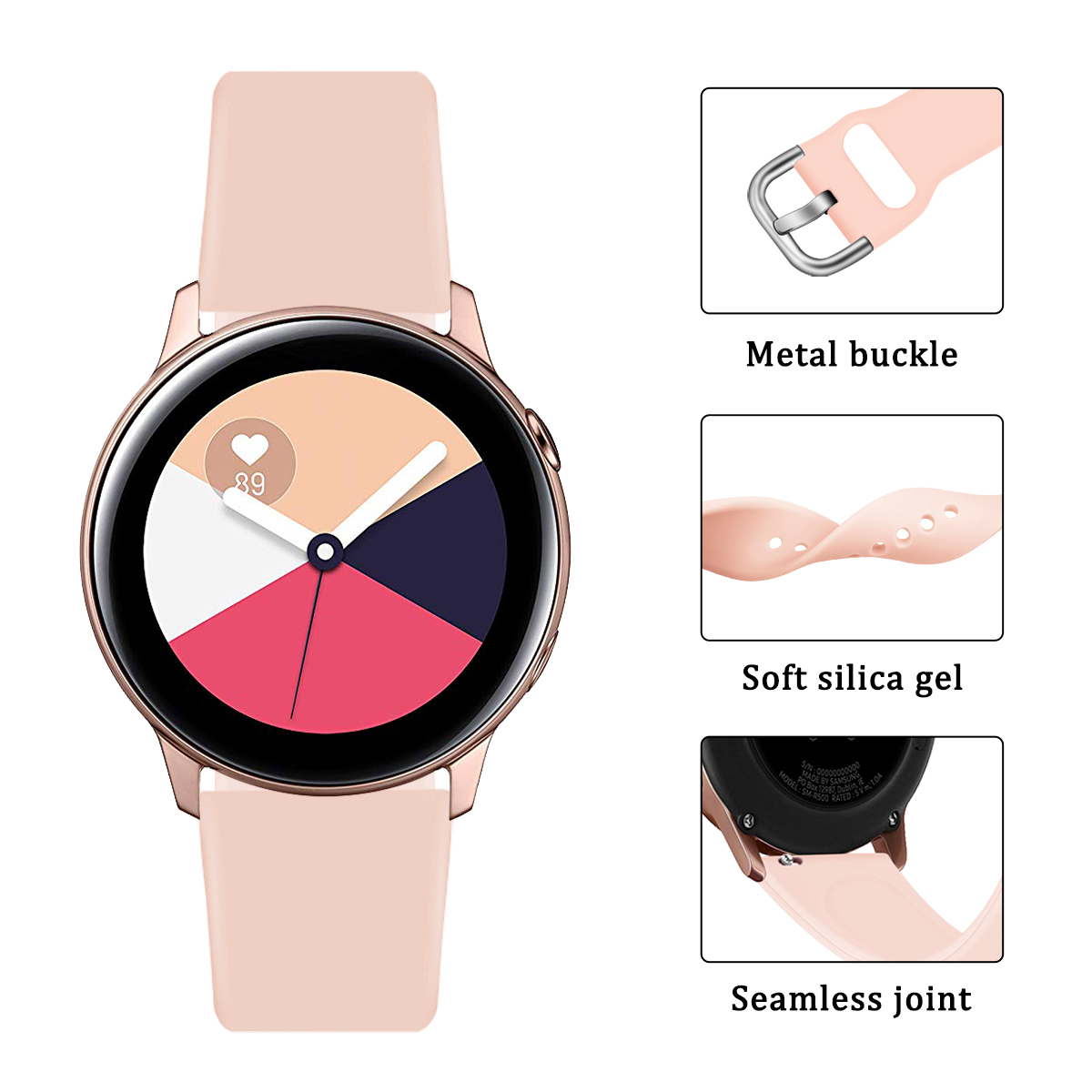 Roségoldene Smartwatch mit farbenfrohem Display und rosafarbenem Armband. Nahaufnahmen von Armband und Schnalle.