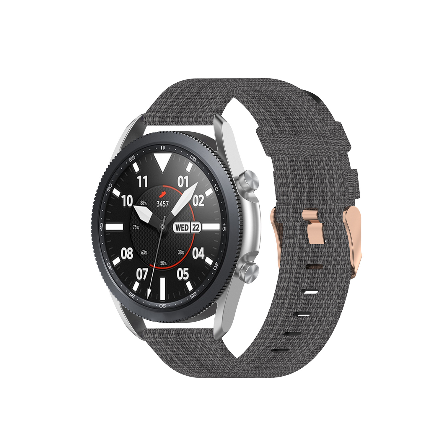 Smartwatch z szarym paskiem, pokazujący datę i godzinę.