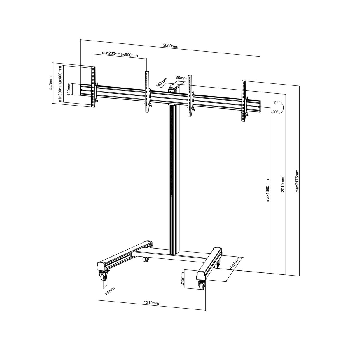Se muestra un diagrama de un soporte de TV con medidas y dimensiones en un fondo blanco.