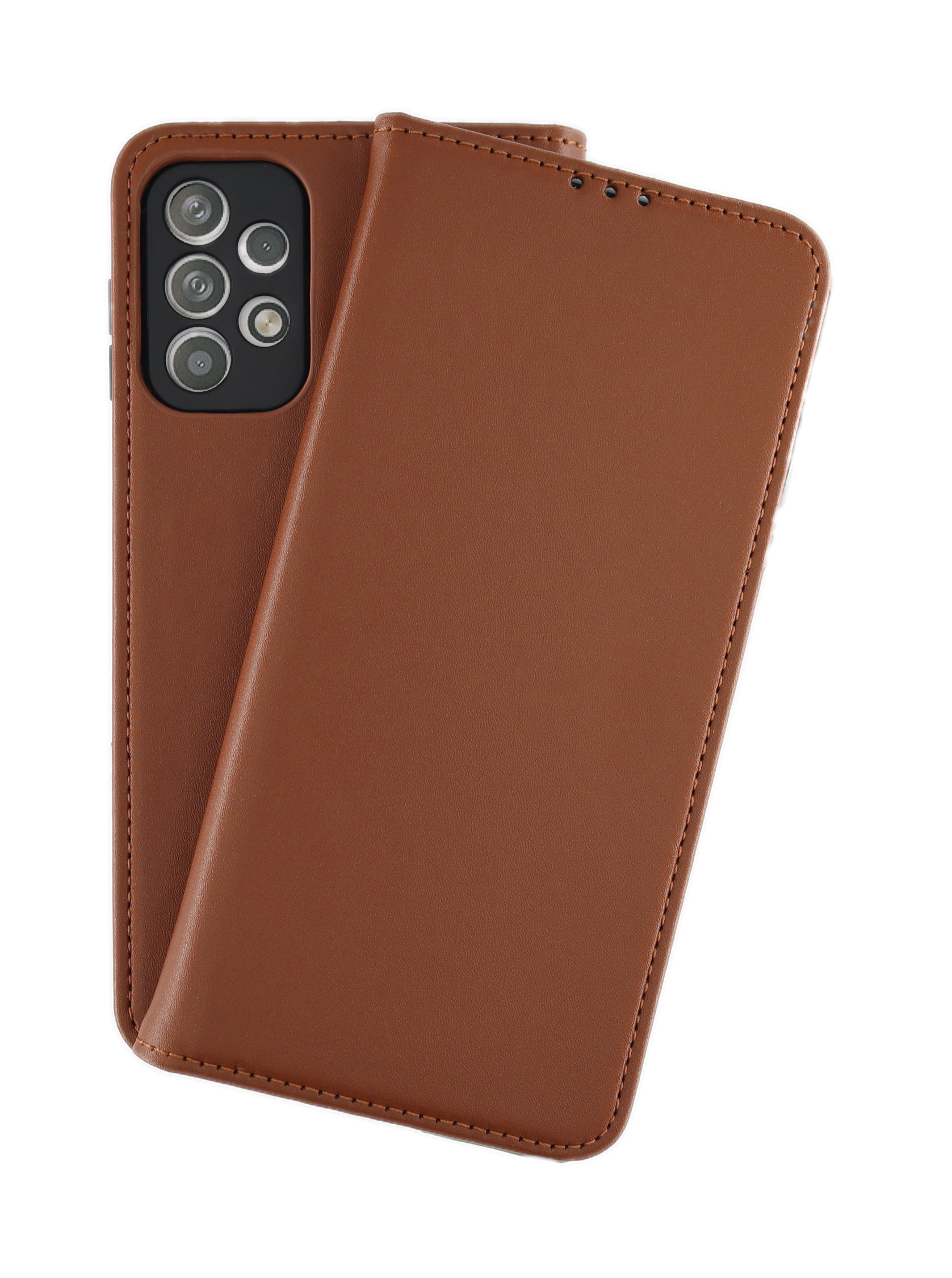 Braune Handyhülle, offen, enthüllt ein Telefon mit mehreren Kameras.