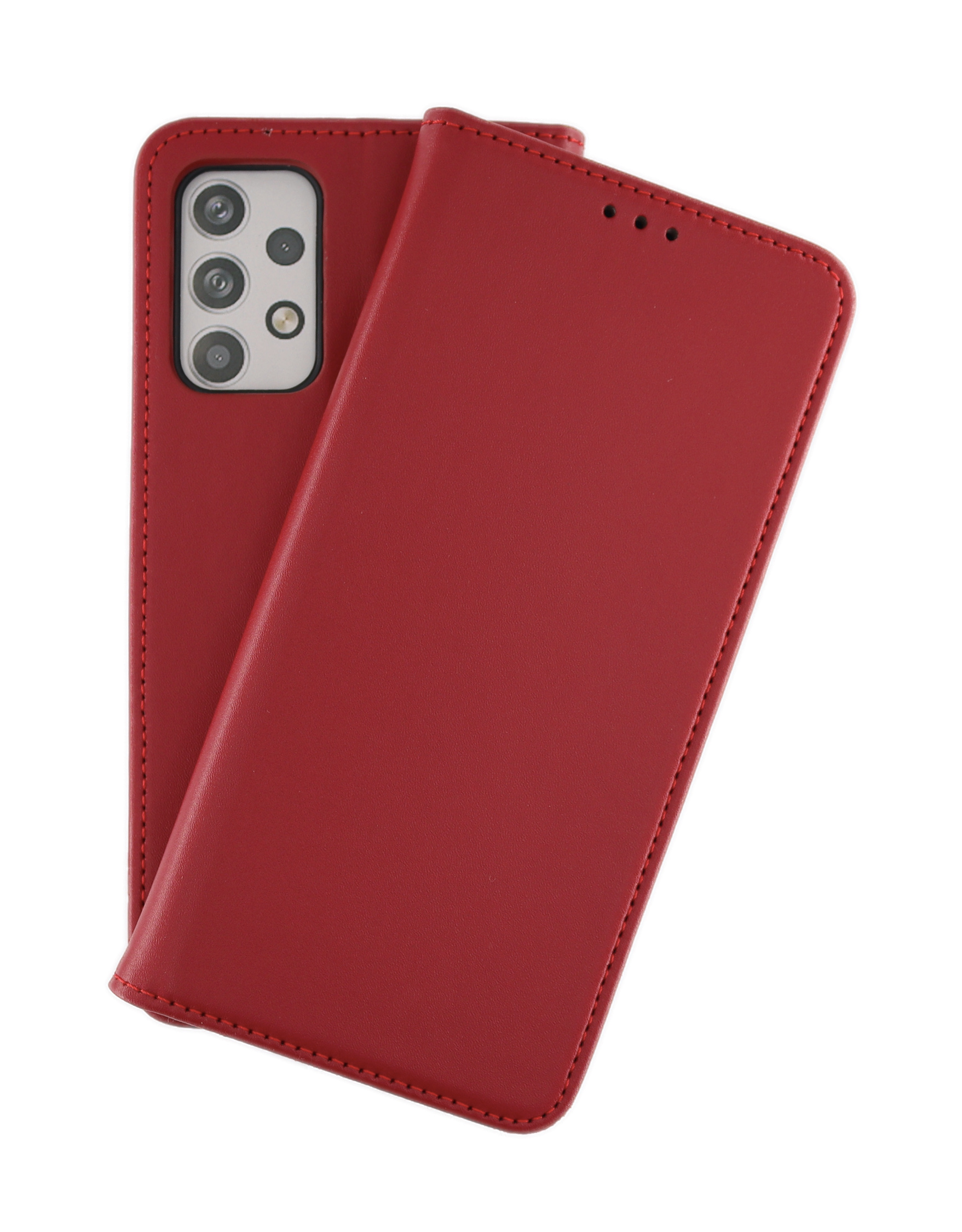 Rote Handyhülle mit Telefon darin. Das Telefon ist sichtbar, wenn die Hülle offen ist.