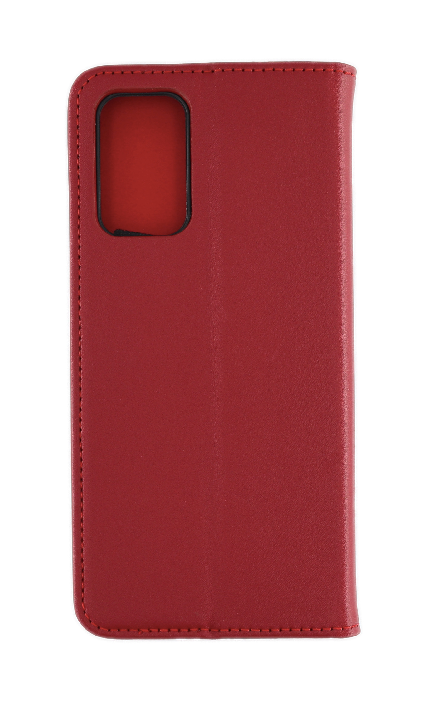 Eine rote Leder-Handyhülle. Es ist eine Folio-Hülle mit einem Ausschnitt für die Kamera und Nahtdetails.
