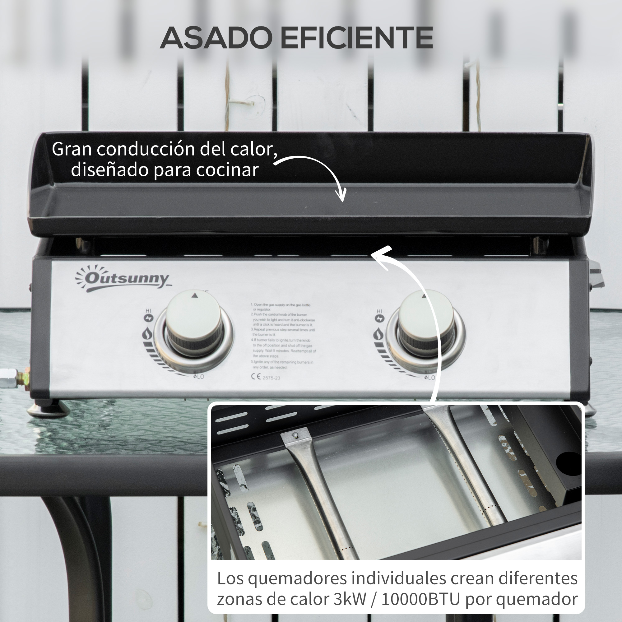 Una plancha con controles e instrucciones, con un primer plano de los quemadores debajo.