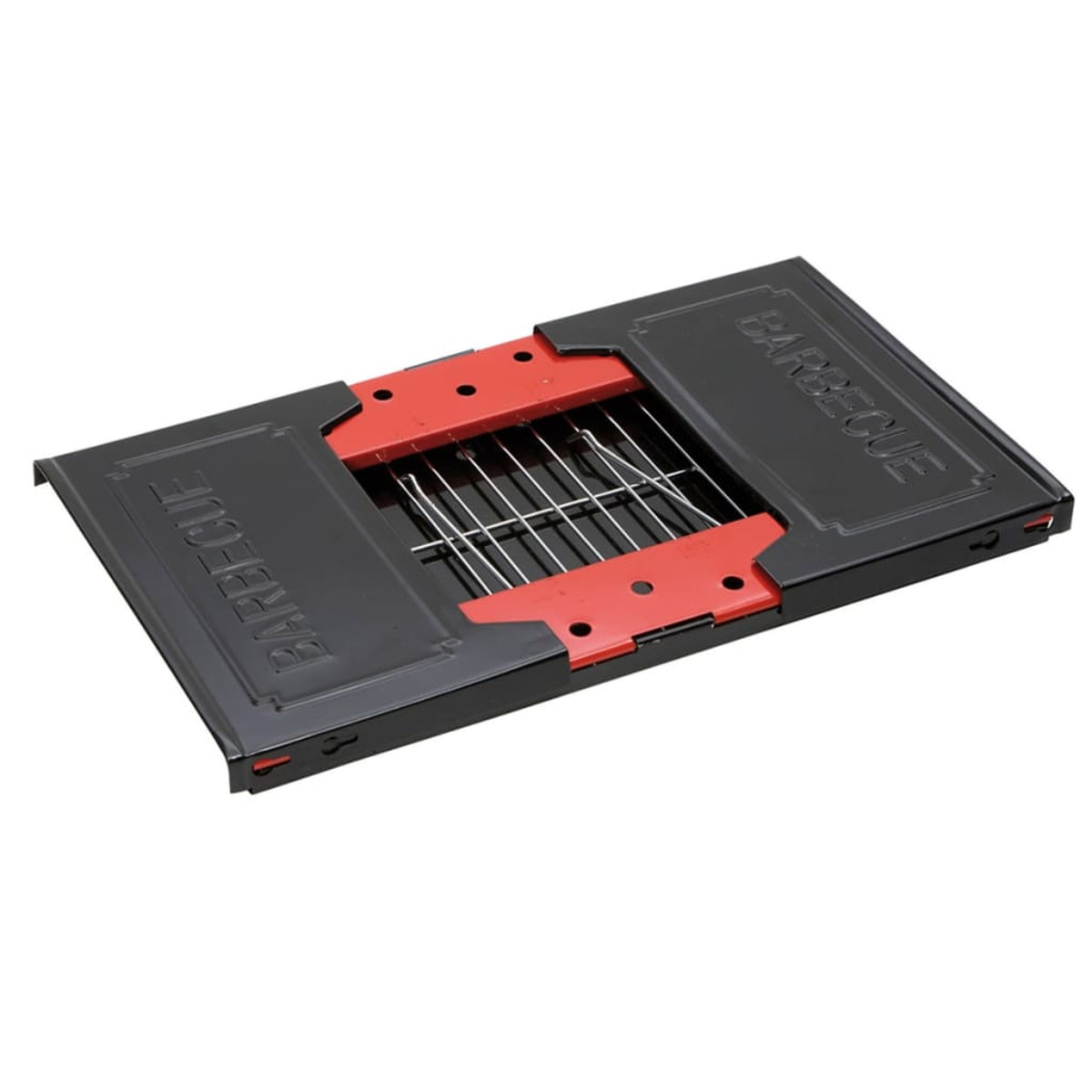 Schwarzer Grill mit roten Akzenten. Das Wort "BARBECUE" ist darauf geschrieben.