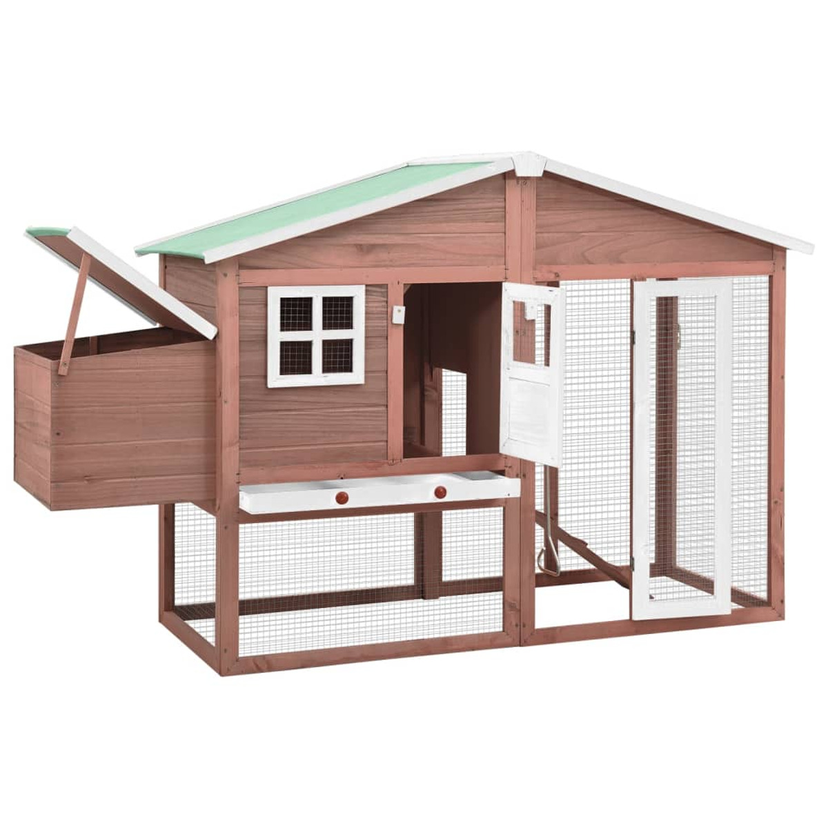 Hühnerstall aus Holz mit offener Tür und Nistkasten. Weißer Rahmen, grünes Dach.