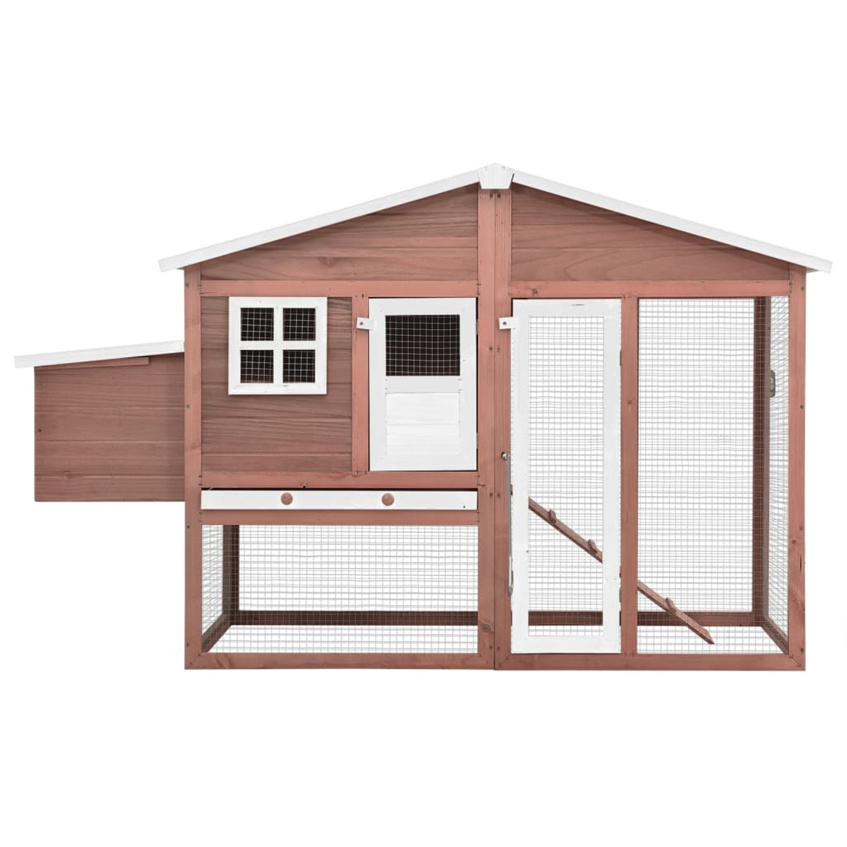 Ein Hühnerstall aus Holz. Er hat ein Haus, einen Auslauf, ein Fenster und eine Tür. Es gibt eine Rampe.