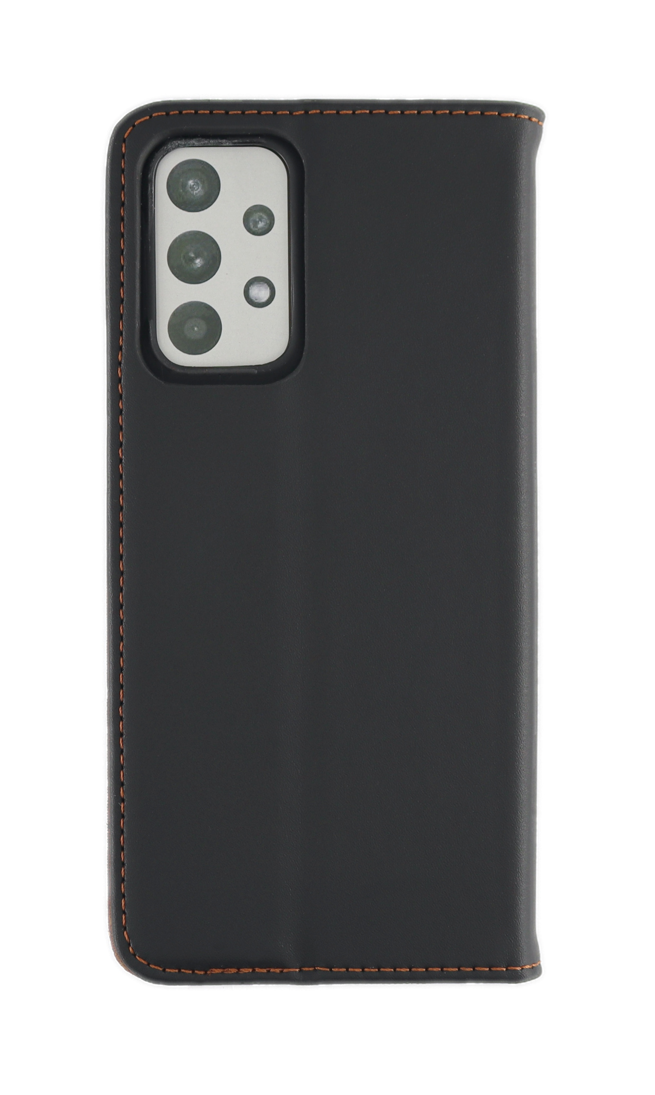 Schwarzes Telefon in einer schwarzen Lederhülle mit orangefarbenen Nähten. Das Telefon hat drei Kameras.